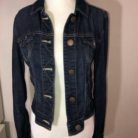 AMERICAN EAGLE Dark Wash Stretch Denim Jean Jacket ASO Elena Gilbert - Picture 3 of 13